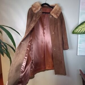 Vintage Suede Leather Brown Retro Mod Coat W Tan Fur Collar 3/4 Length Sleeve M
